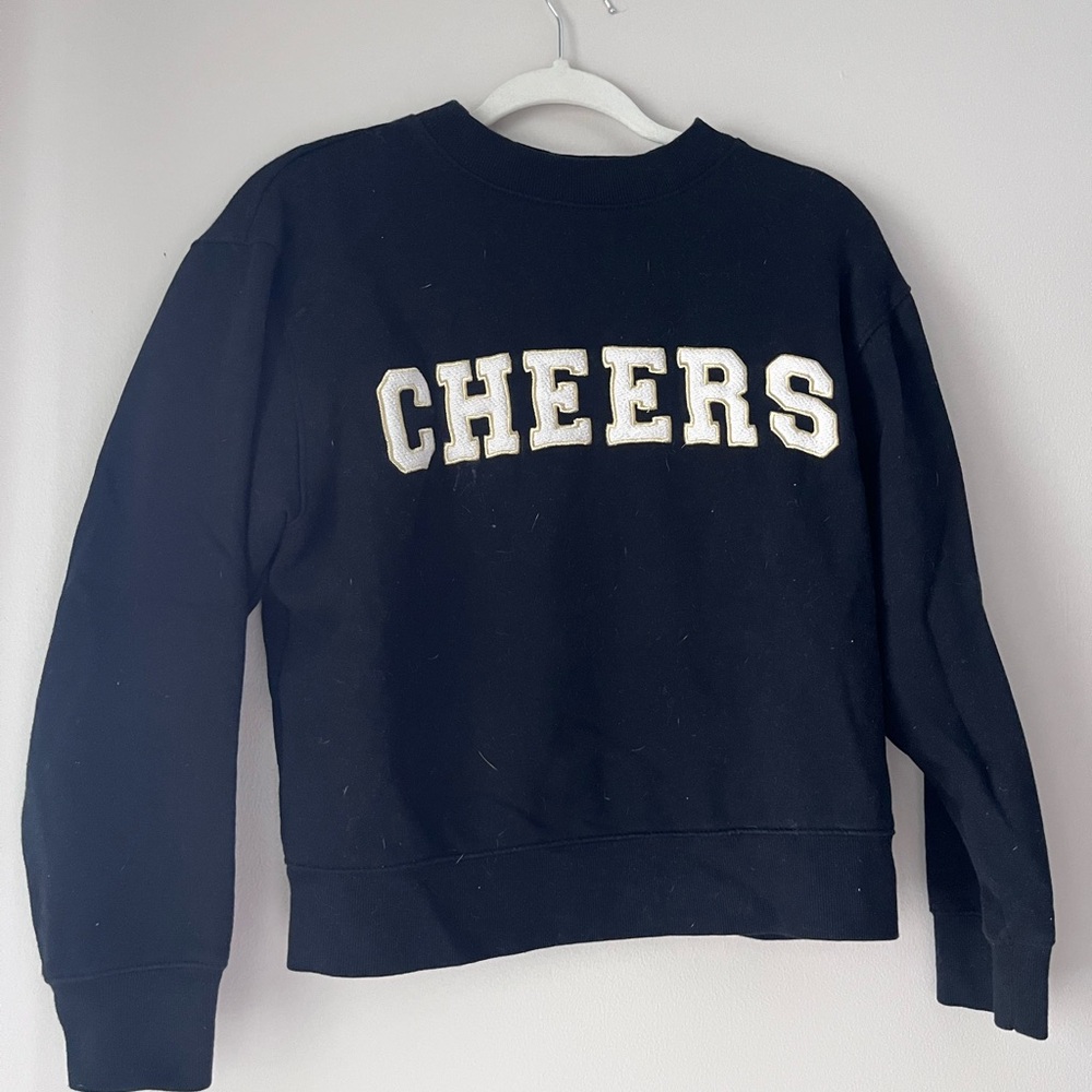 Universal Thread Black Crewneck Sweater with White and Gold 'CHEERS' Embroidery